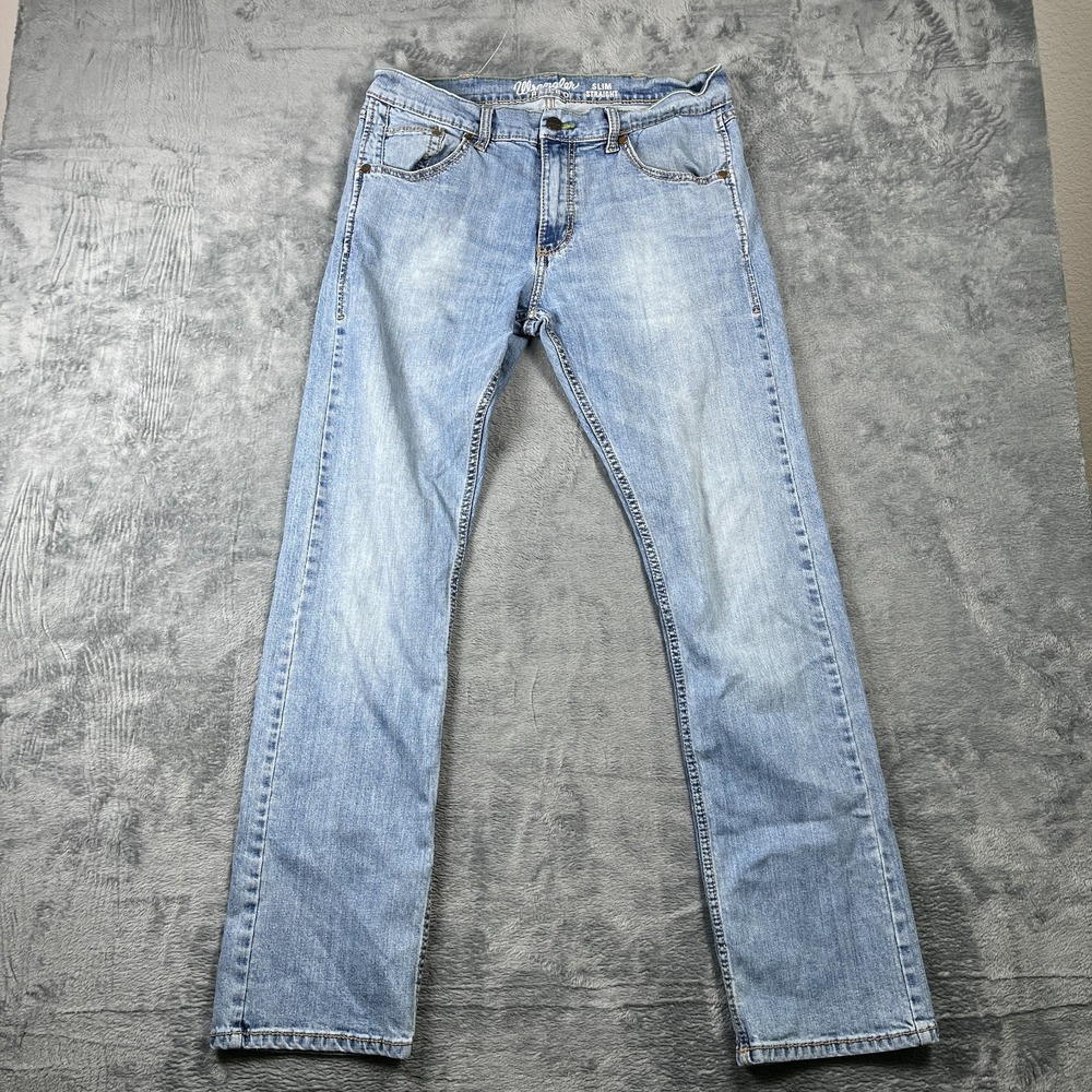 Wrangler Retro Slim Straight Jeans Mens 32x32 Blue Whiskered Denim Logo Cotton
